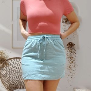 Linen Blend Drawstring Mint Mini Skirt